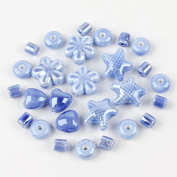 Микс керамических бусин голубой