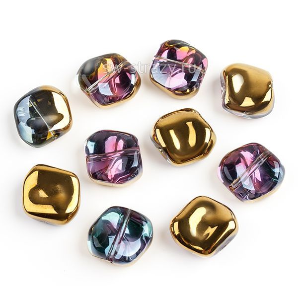 Бусина-квадрат 11 мм прозрачный золотисто-сиреневый (стекло)