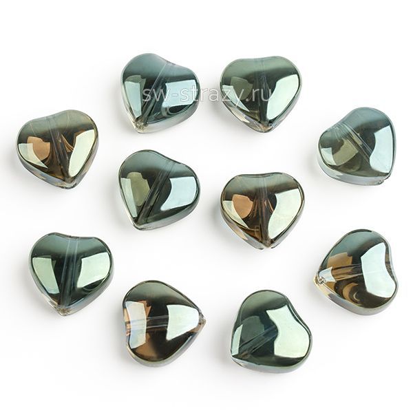 Бусина-сердце 9,5 мм прозрачный радужный зеленый (стекло)