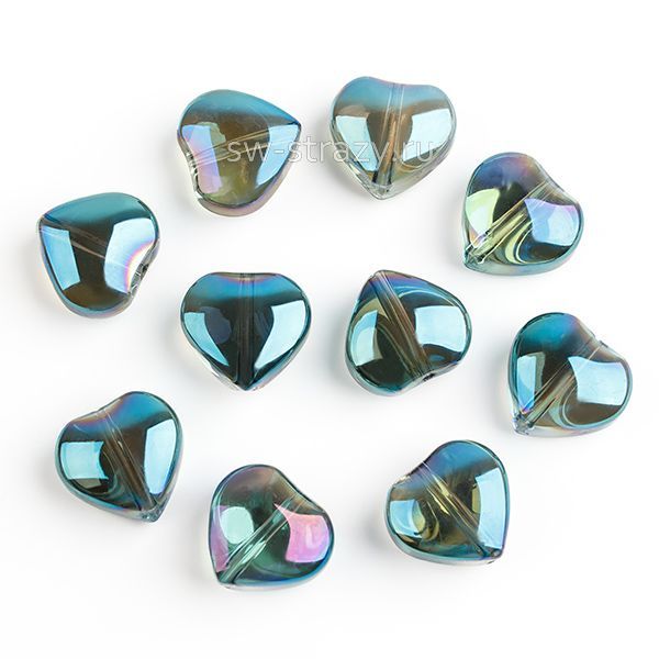 Бусина-сердце 9,5 мм прозрачный сине-зеленый (стекло)
